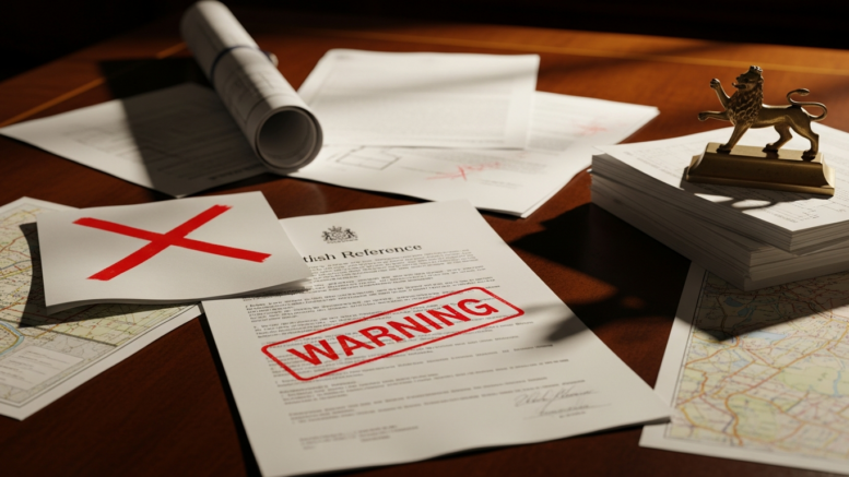 Reference documents with warning marks suggesting fraud risk