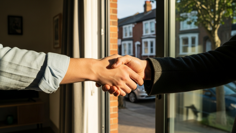 Landlord and tenant handshake at property doorway