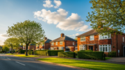 British suburban houses on sunny street with blue sky