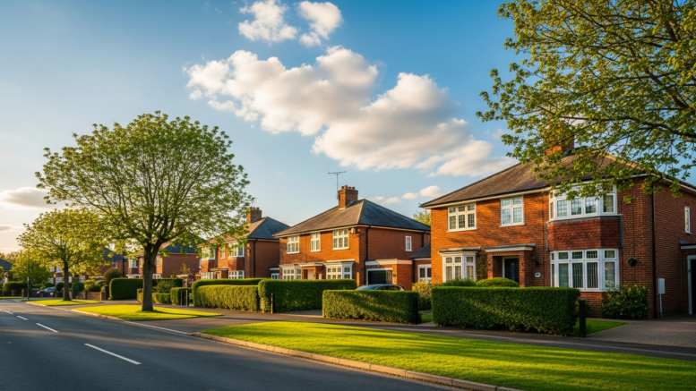 British suburban houses on sunny street with blue sky