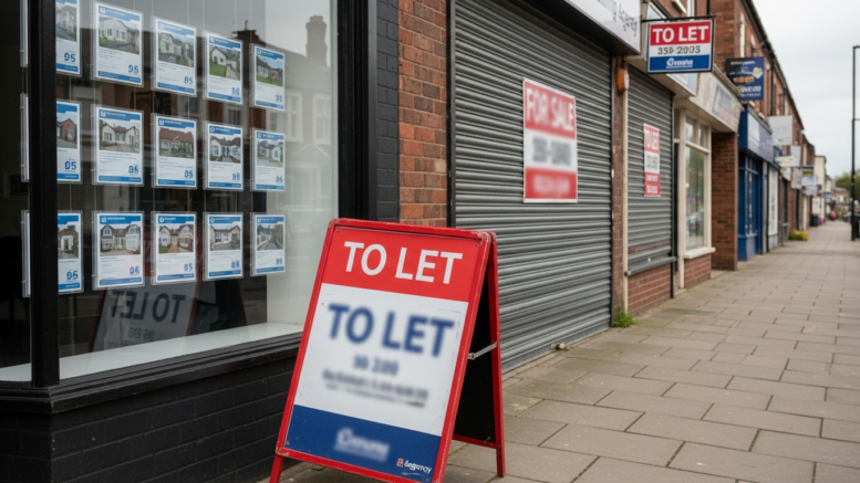 UK letting agency window and To Let board on a quiet high street