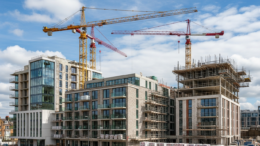 Cranes above modern UK apartment blocks on clear day