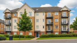 UK apartment block with rooftop solar panels