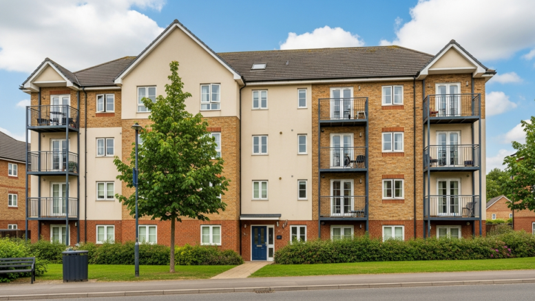 UK apartment block with rooftop solar panels