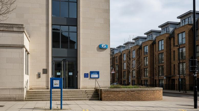 English town hall beside modern rental flats in daylight