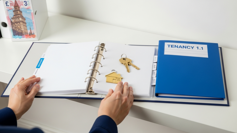 Tenancy folder and house keys in bright modern interior