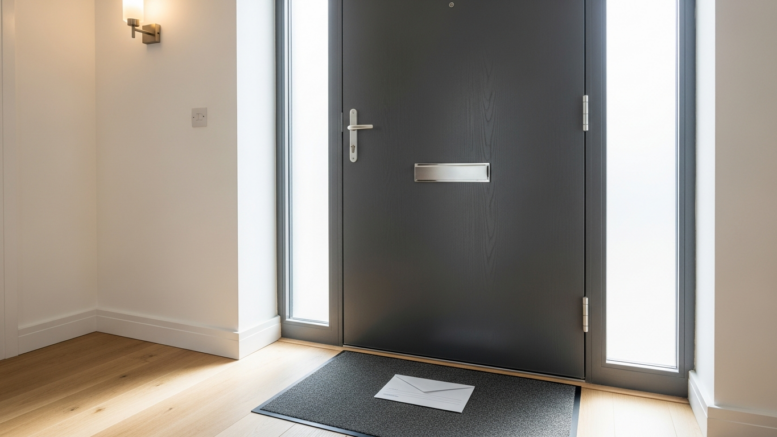 British rental flat doorway with legal notice envelope
