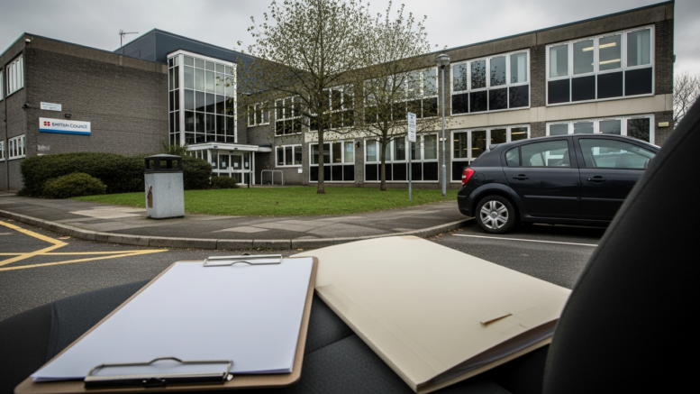 British council office exterior with housing compliance clipboard