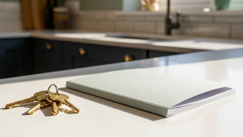 Brass house keys on a bright modern kitchen counter