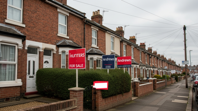 British terraced houses with For Sale signs showing market uncertainty