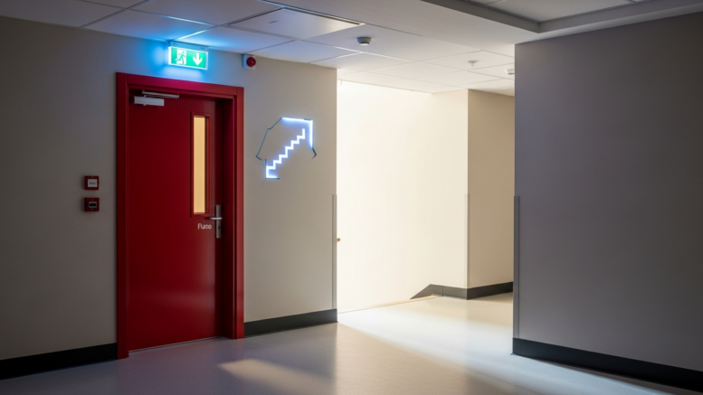 Modern apartment block corridor with fire door