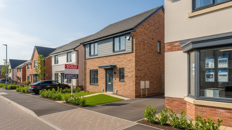 UK property exterior with estate agent board on a bright day