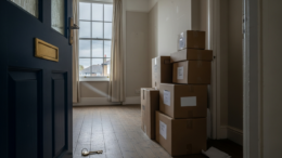 Empty rental room with moving boxes and key