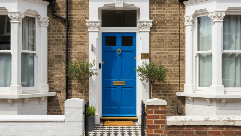 Blue front door on British terraced rental house