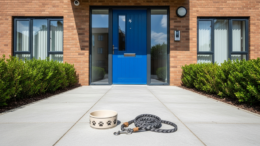 UK apartment doorway with pet bowl and lead
