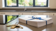 Keys and mortgage folders on a kitchen counter