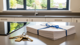Keys and mortgage folders on a kitchen counter