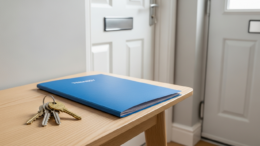 Door keys and tenancy folder in UK rental hallway