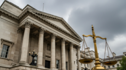 British courthouse exterior with scales of justice