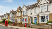 British homes on suburban street in clear daylight
