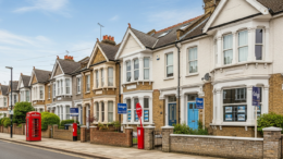 British homes on suburban street in clear daylight