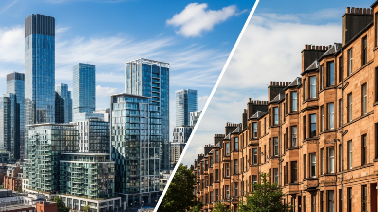 London flats and Scottish tenements in bright daylight