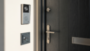 British apartment entrance with intercom and secure lock