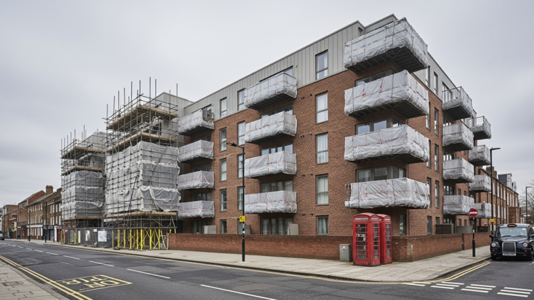 UK apartment block with scaffolding during safety works