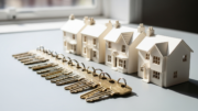 Rows of house keys and property models in daylight