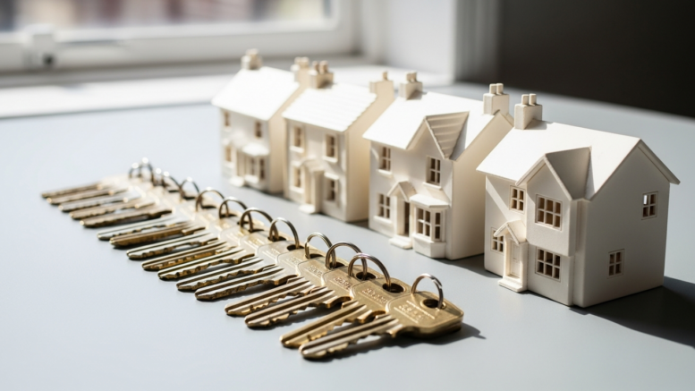 Rows of house keys and property models in daylight