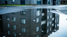 Modern UK flats on a street after rain