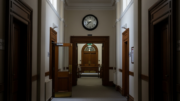 Empty UK court corridor for landlord possession cases