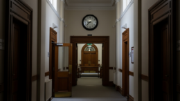 Empty UK court corridor for landlord possession cases