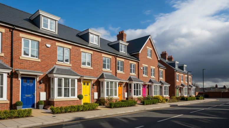 British terraced rental homes under mixed spring skies