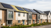 British terraced homes with solar panels in spring light
