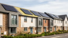 British terraced homes with solar panels in spring light