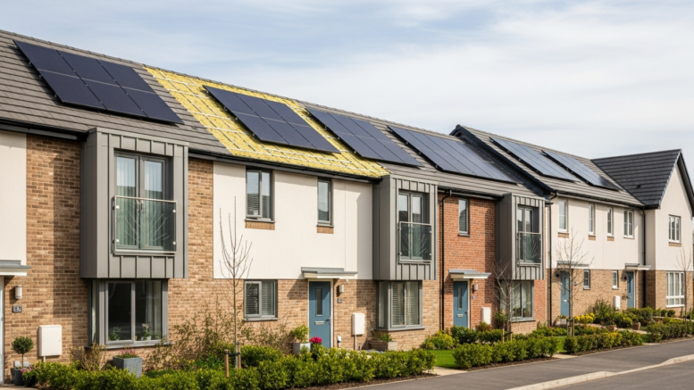 British terraced homes with solar panels in spring light