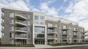 Modern British apartment block exterior in daylight
