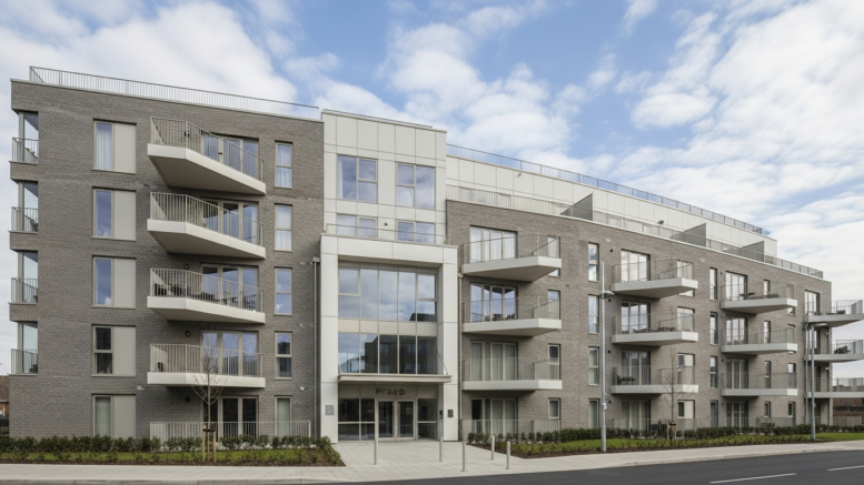 Modern British apartment block exterior in daylight