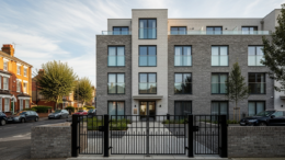 British apartment block exterior on a clear day