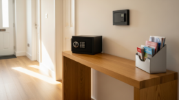 Modern rental hallway with key safe and document tray