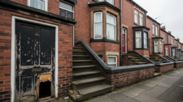Leeds terraced rental house with worn entrance and basement door
