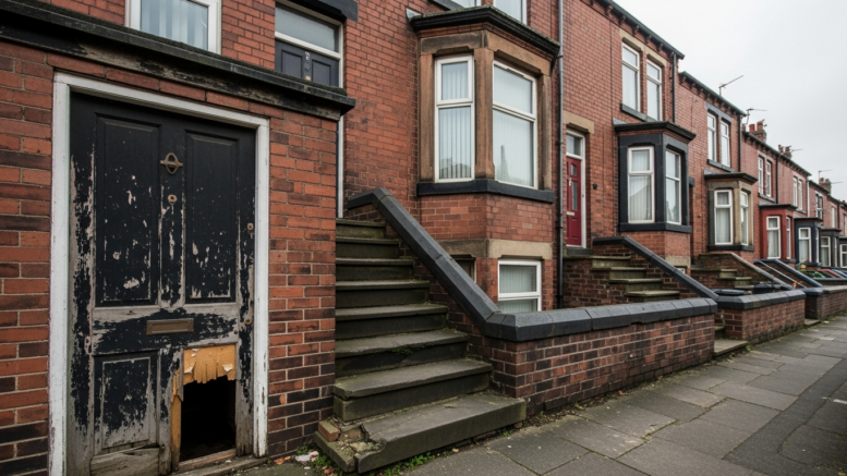 Leeds terraced rental house with worn entrance and basement door