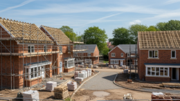 Part-built UK housing estate under bright daylight