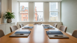 Modern UK office boardroom for landlord policy meeting