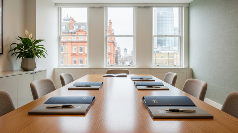 Modern UK office boardroom for landlord policy meeting
