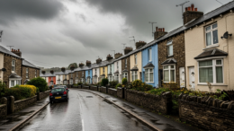 Welsh terraced houses under an overcast sky