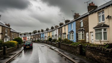 Welsh terraced houses under an overcast sky