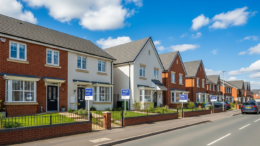 British terraced houses on a bright rental market street