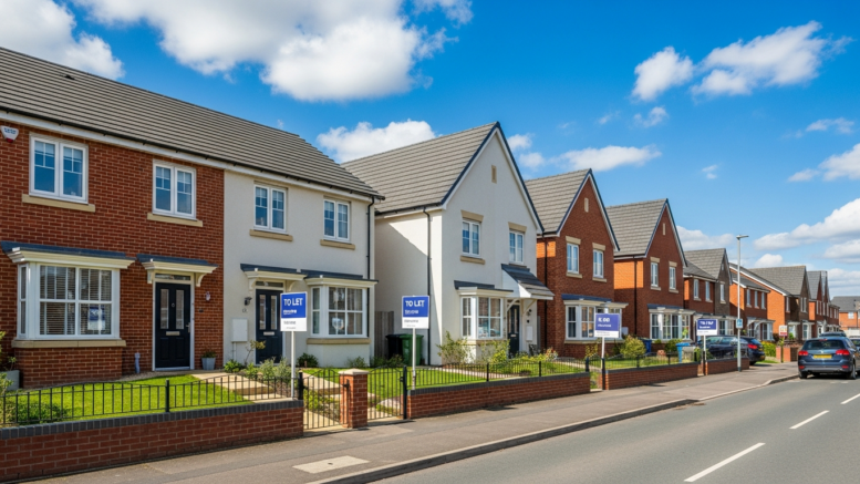 British terraced houses on a bright rental market street